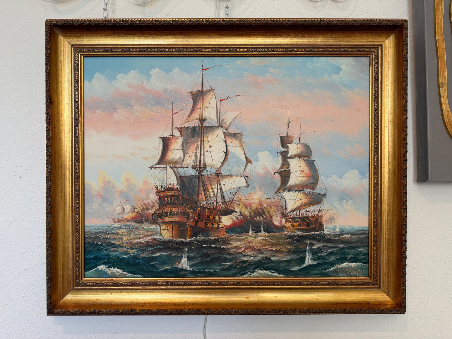 Vintage Oil Painting Naval Battle Ships Seascape Maritime Art Framed Signed