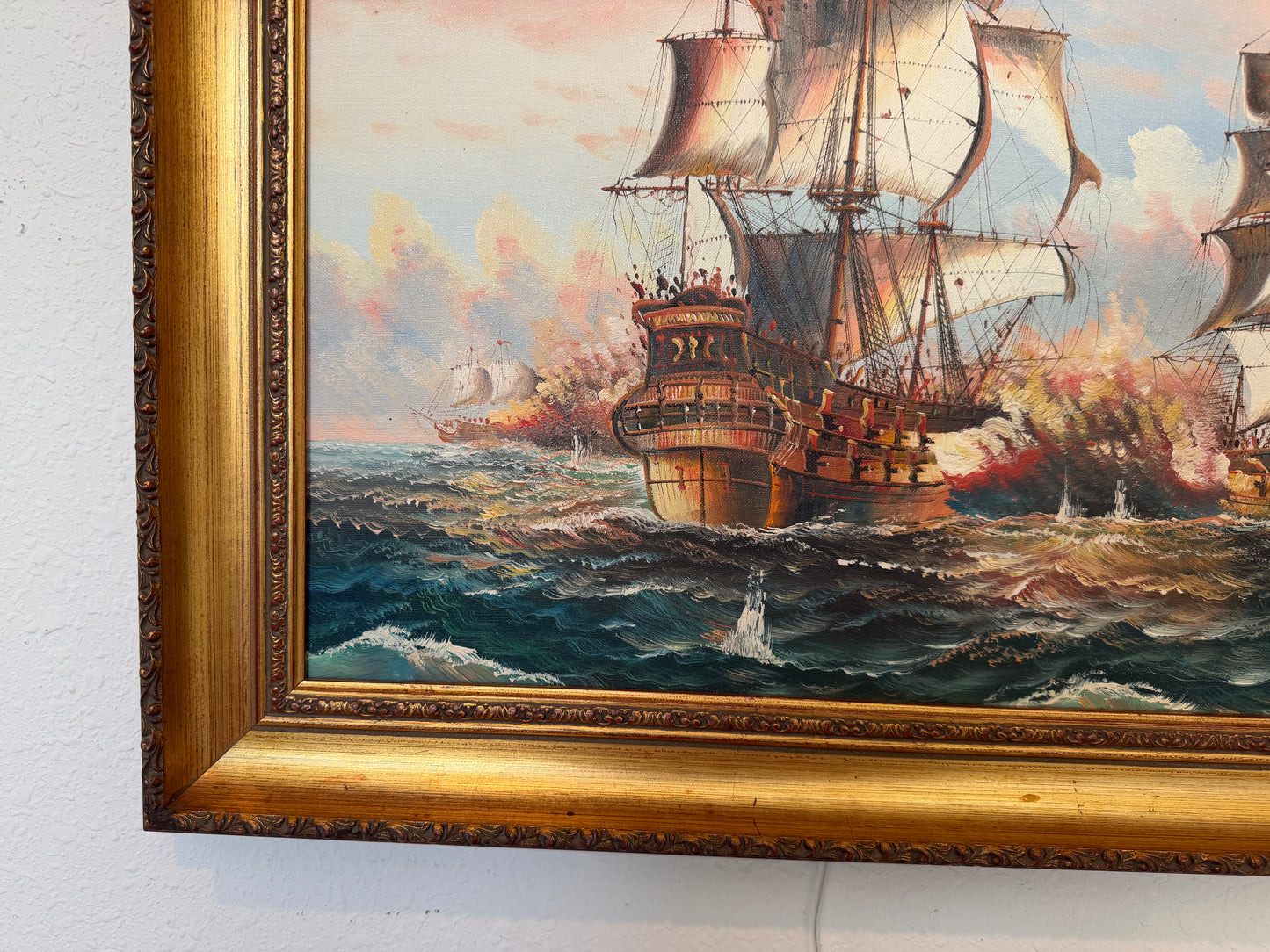 Vintage Oil Painting Naval Battle Ships Seascape Maritime Art Framed Signed