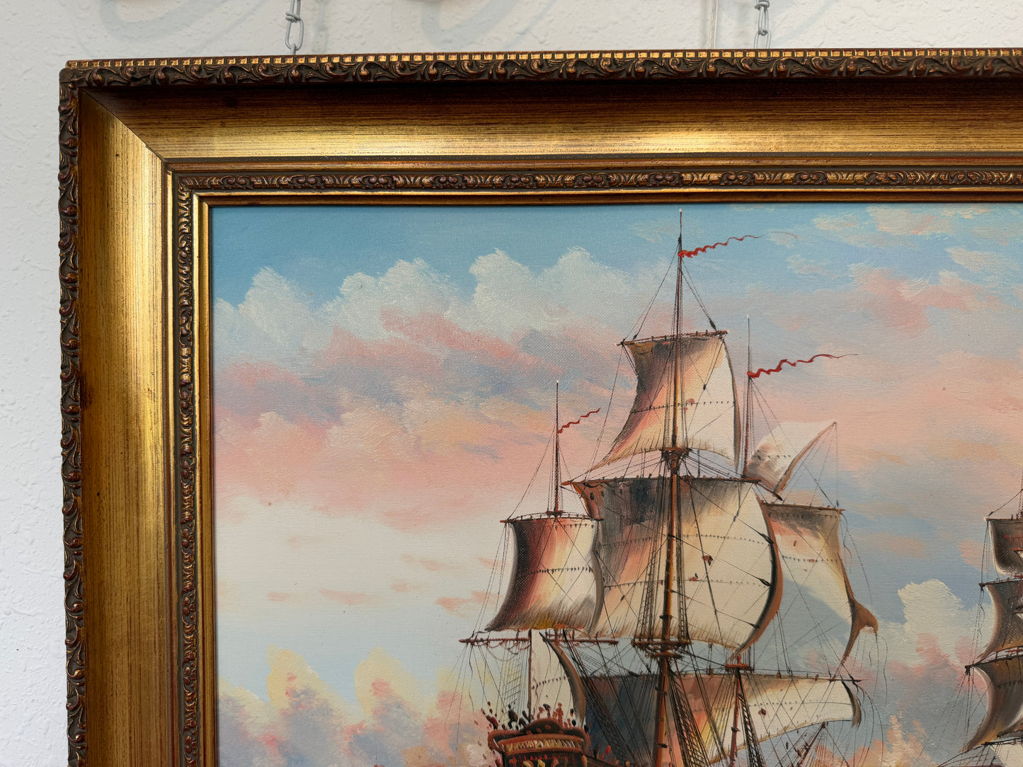Vintage Oil Painting Naval Battle Ships Seascape Maritime Art Framed Signed