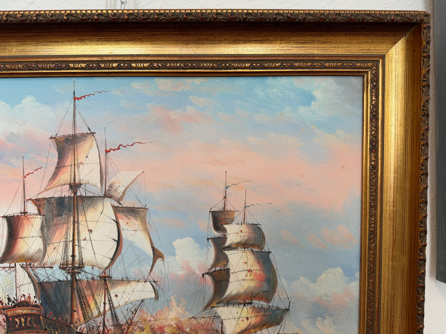 Vintage Oil Painting Naval Battle Ships Seascape Maritime Art Framed Signed