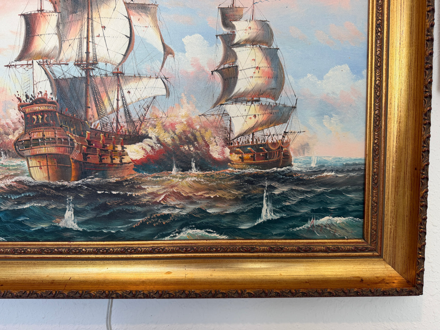 Vintage Oil Painting Naval Battle Ships Seascape Maritime Art Framed Signed