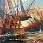 Vintage Oil Painting Naval Battle Ships Seascape Maritime Art Framed Signed
