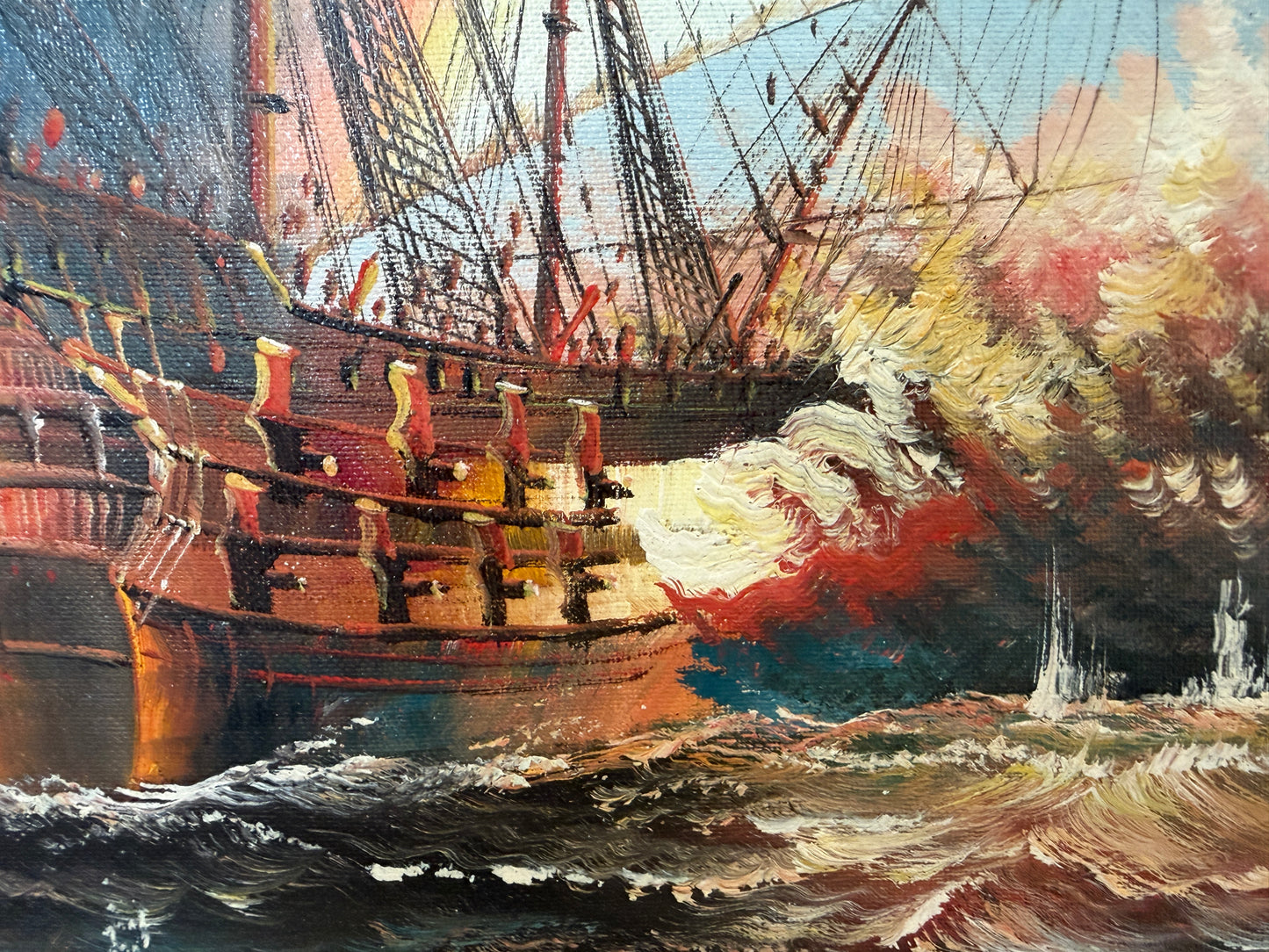 Vintage Oil Painting Naval Battle Ships Seascape Maritime Art Framed Signed