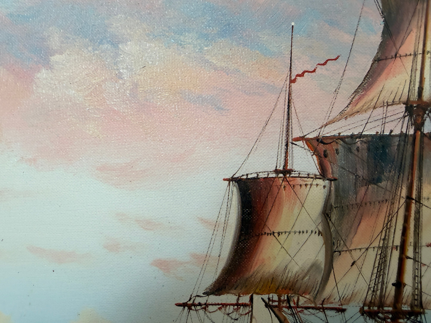 Vintage Oil Painting Naval Battle Ships Seascape Maritime Art Framed Signed