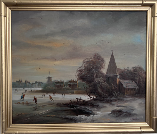 Vintage Dutch Style Winter Landscape Oil Painting – Signed Martin – Canvas