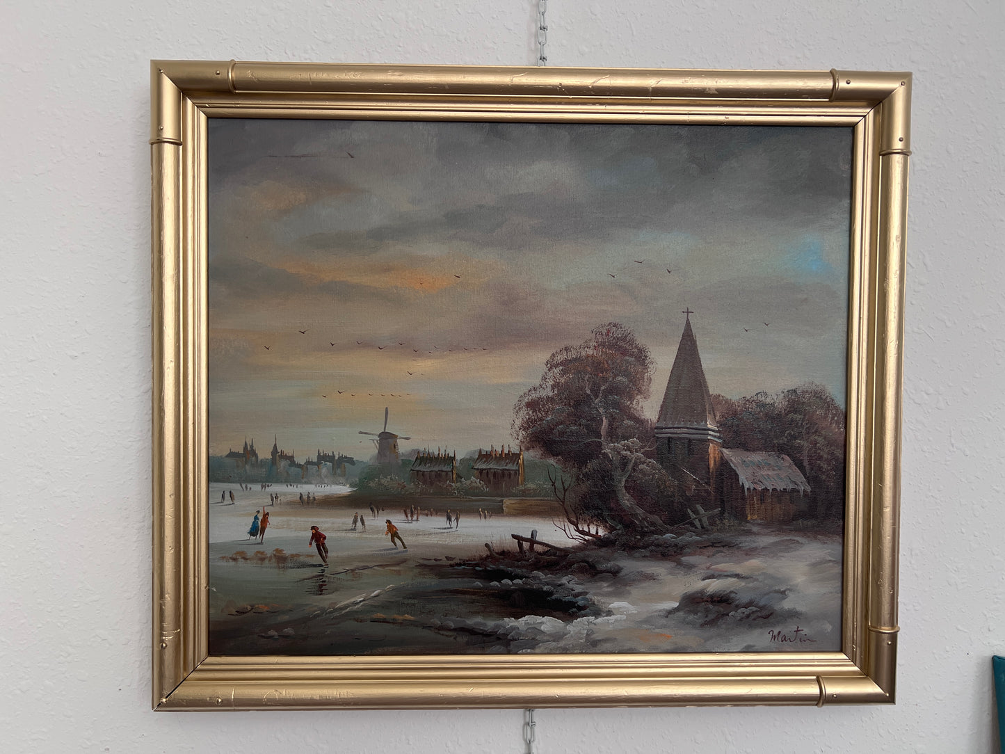 Vintage Dutch Style Winter Landscape Oil Painting – Signed Martin – Canvas