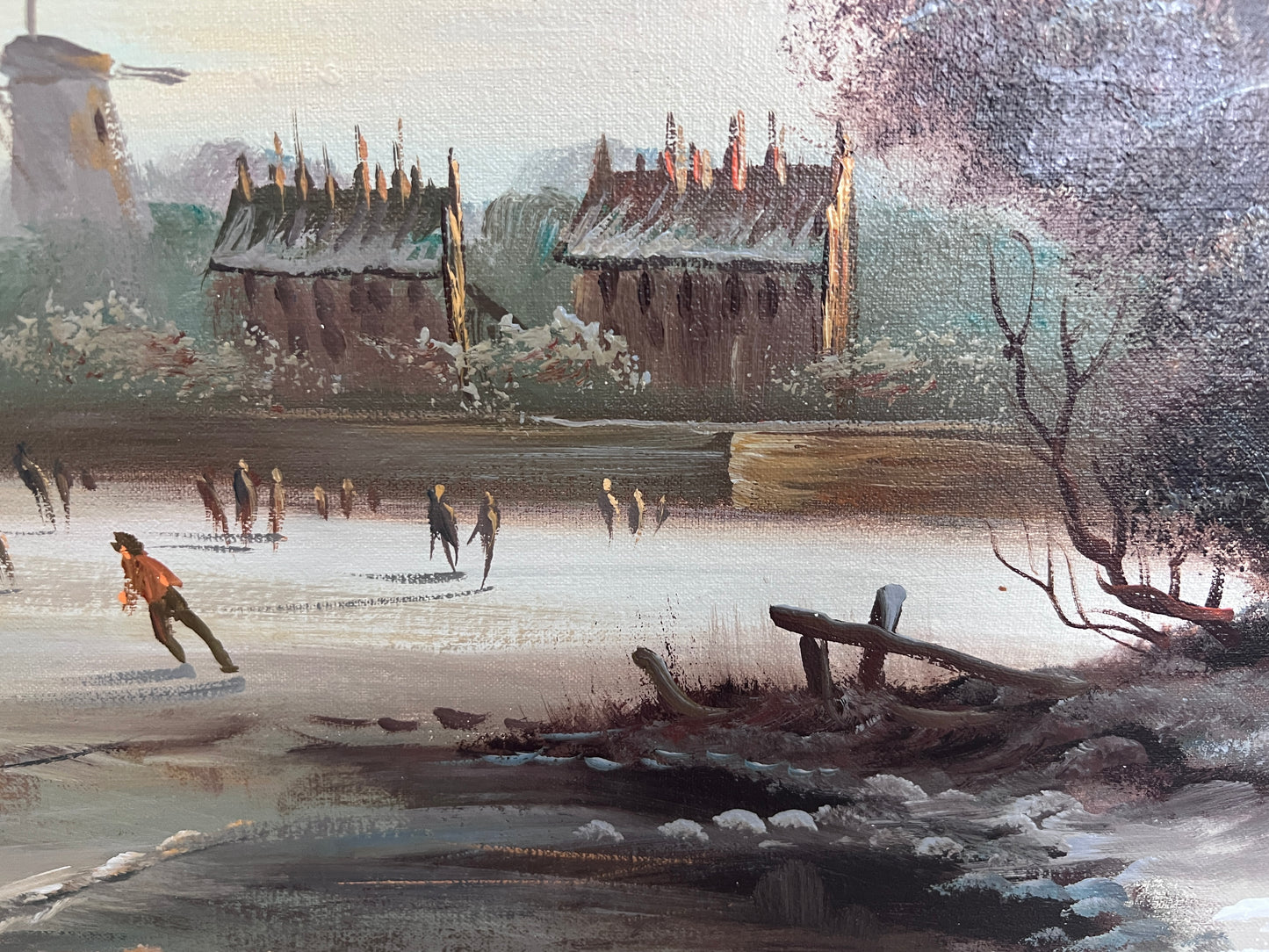 Vintage Dutch Style Winter Landscape Oil Painting – Signed Martin – Canvas