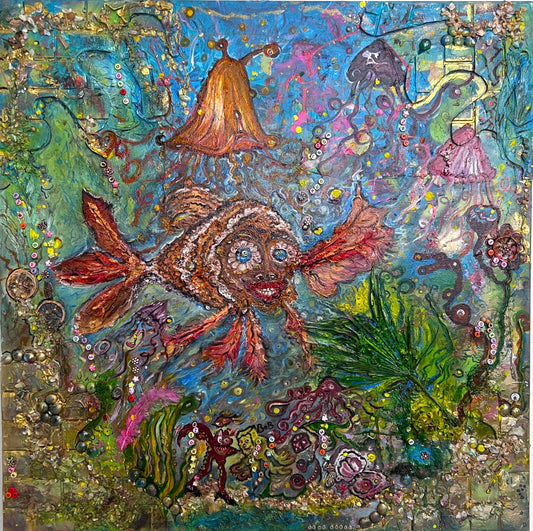 Large Textured Mixed Media Painting by Serg Graff – "Magic Fish" – COA Included