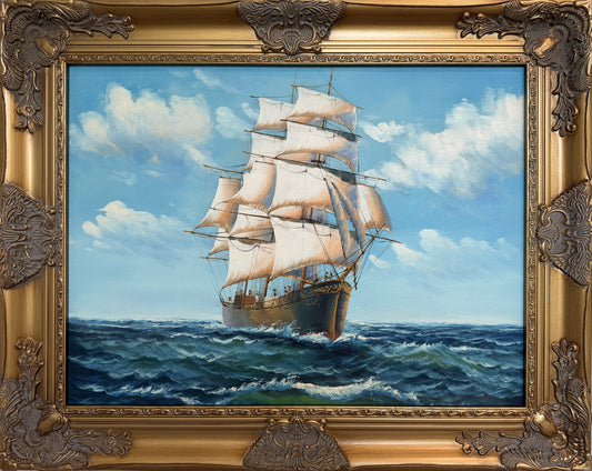 Sailing Ship Oil Painting Seascape Nautical Wall Art Framed Ocean Artwork