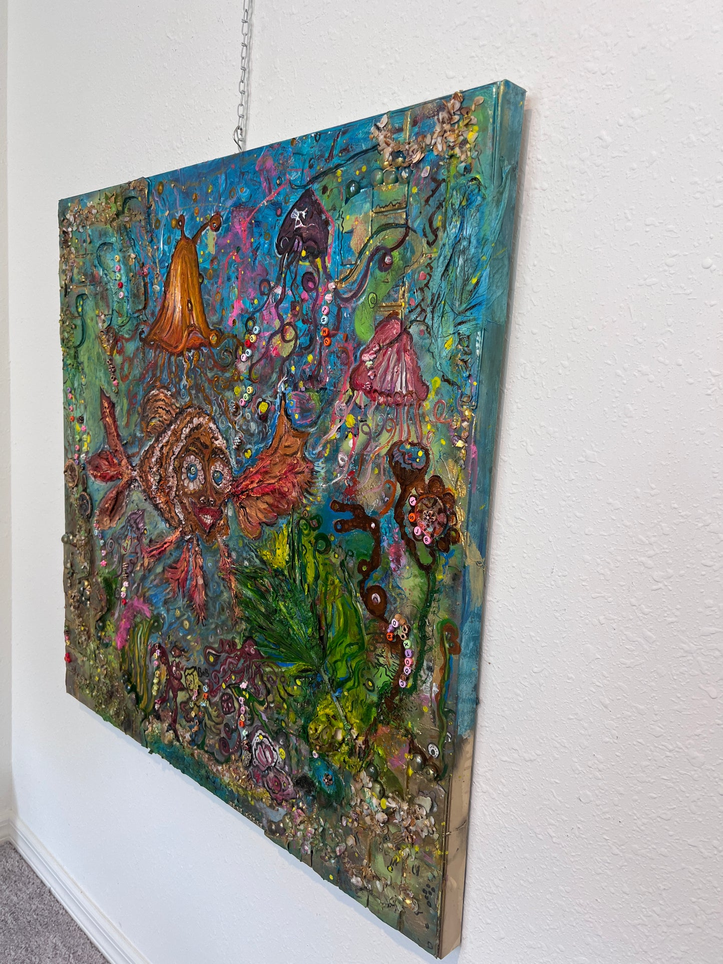 Large Textured Mixed Media Painting by Serg Graff – "Magic Fish" – COA Included