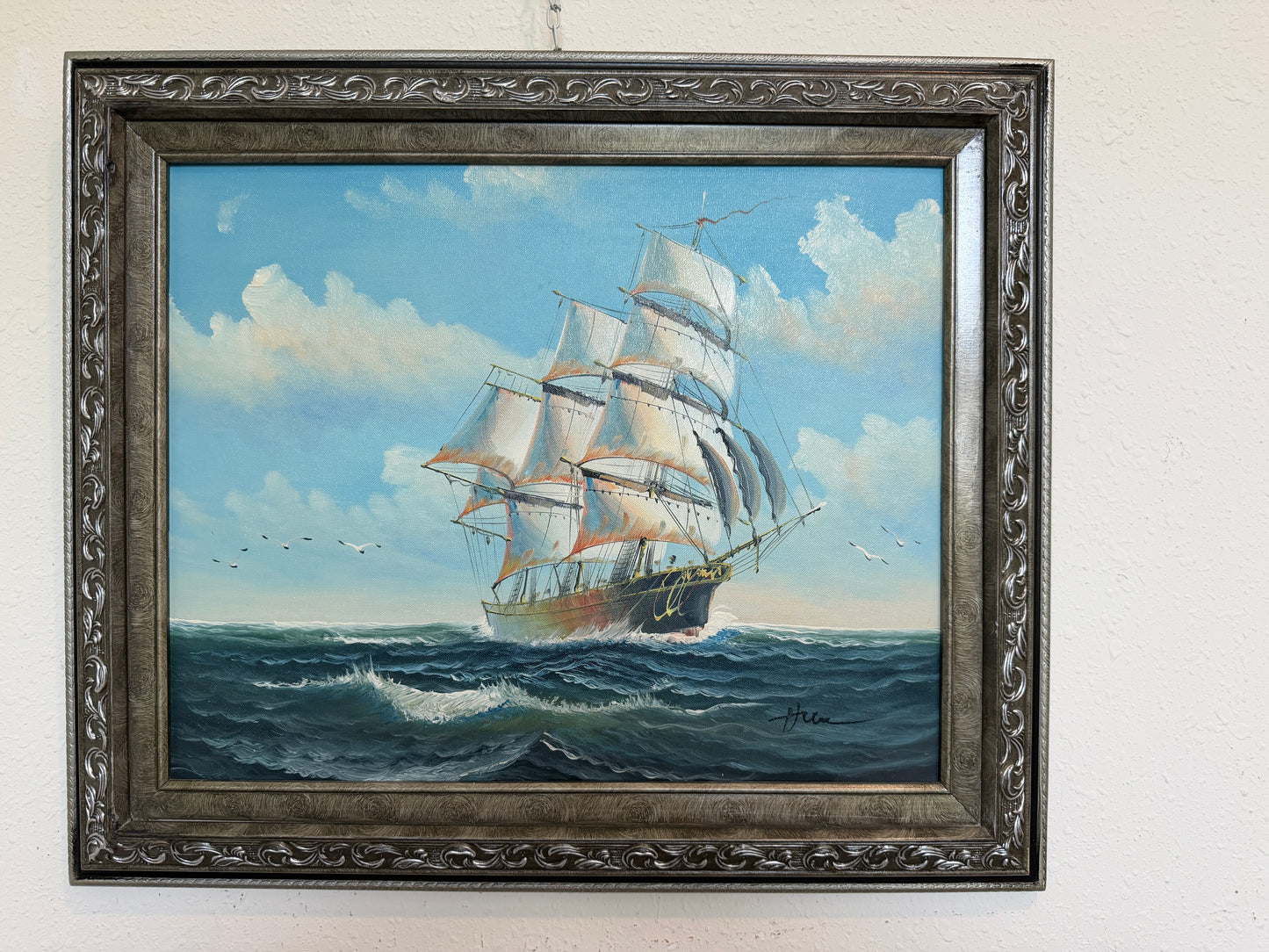 Signed Original Oil Painting Tall Ship at Sea Maritime Nautical Ocean Seascape