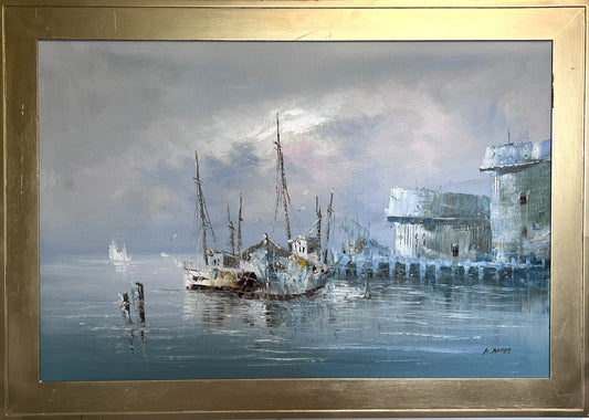 Original Oil Painting by K. Rasset | Seascape Harbor Scene | Vintage Maritime Ar
