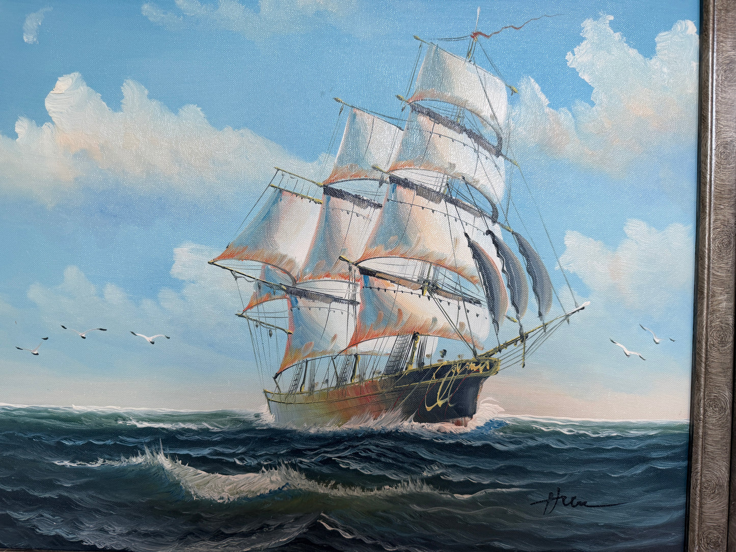 Signed Original Oil Painting Tall Ship at Sea Maritime Nautical Ocean Seascape