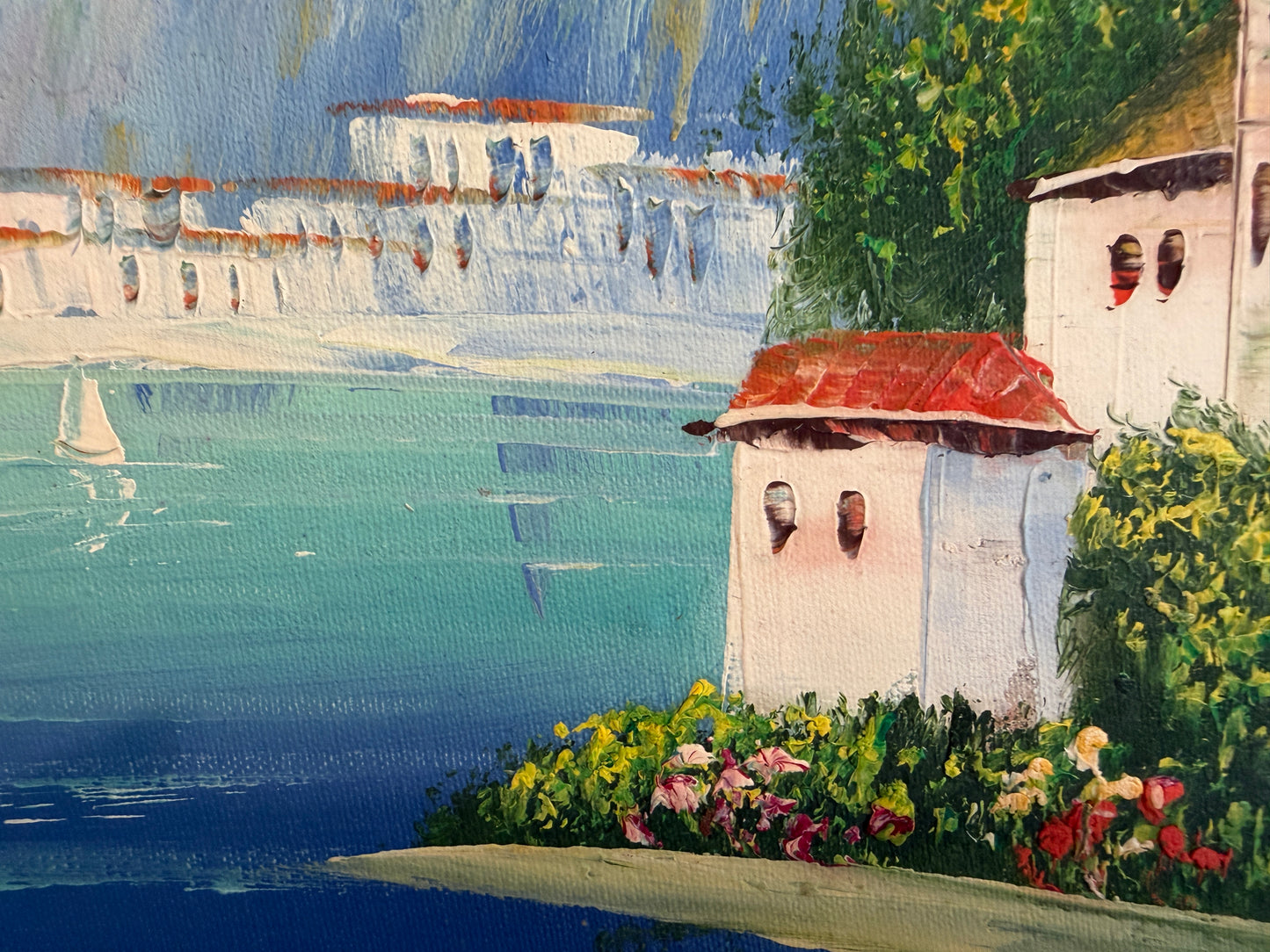 Mediterranean Coastal Village Oil Painting Seascape Landscape, Italian Riviera