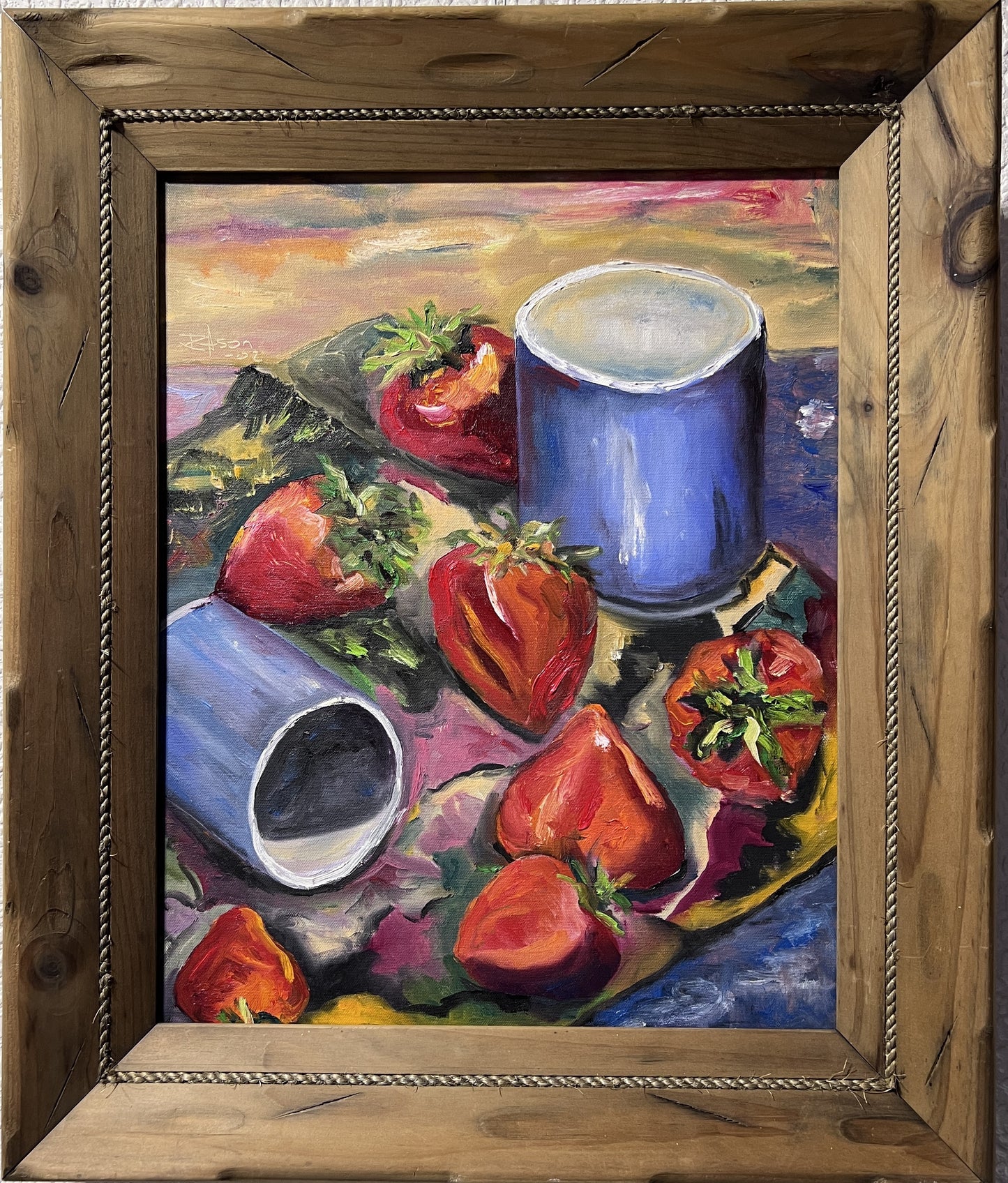 Original Still Life oil painting on canvas, Strawberries, Signed, Framed, Dated