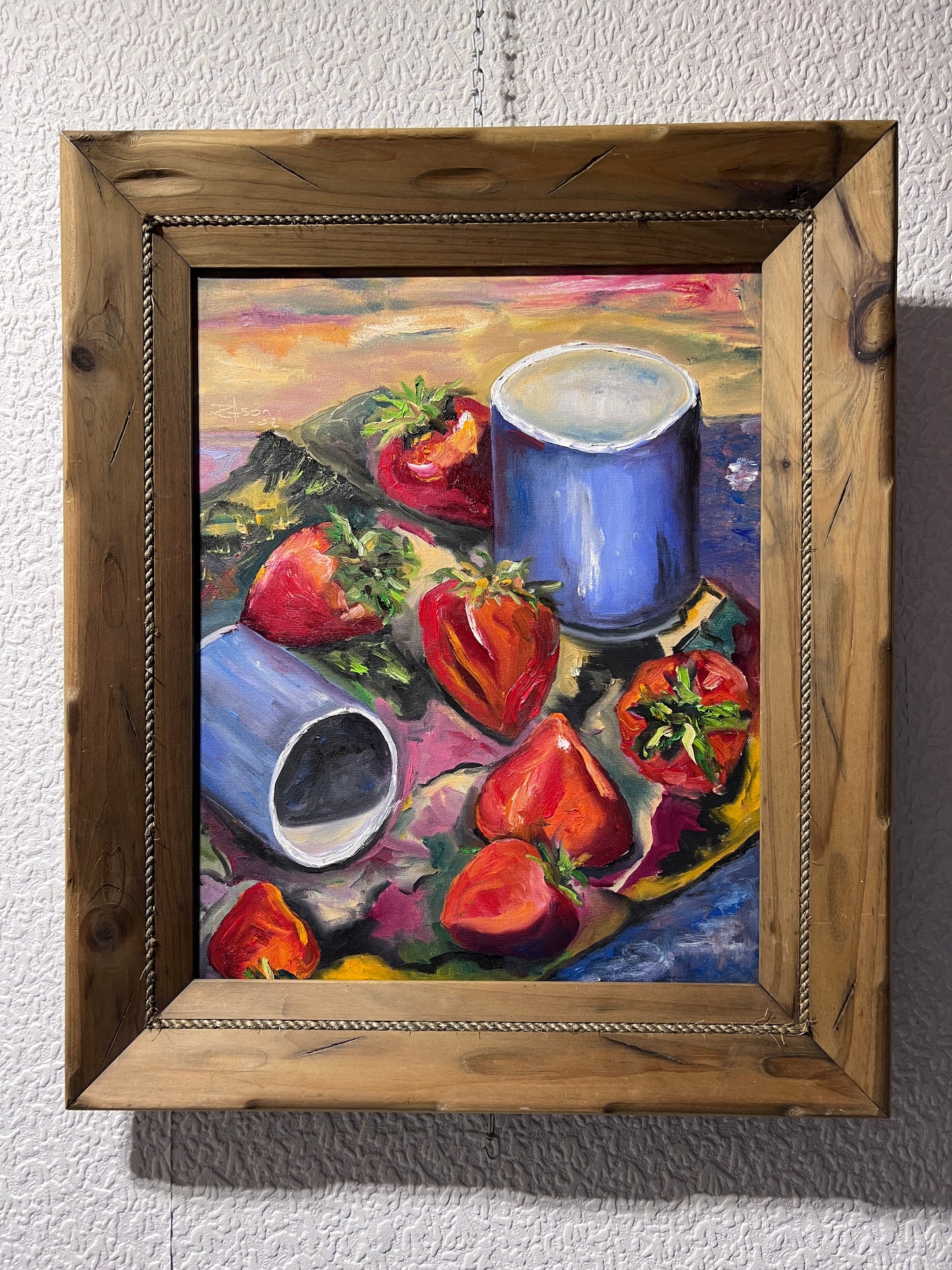 Original Still Life oil painting on canvas, Strawberries, Signed, Framed, Dated