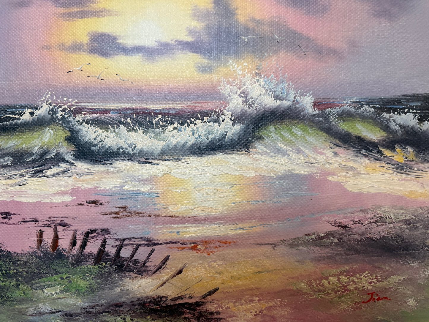 Seascape Oil Painting Signed Jian Ocean Waves Sunset, Impressionist Coastal Art