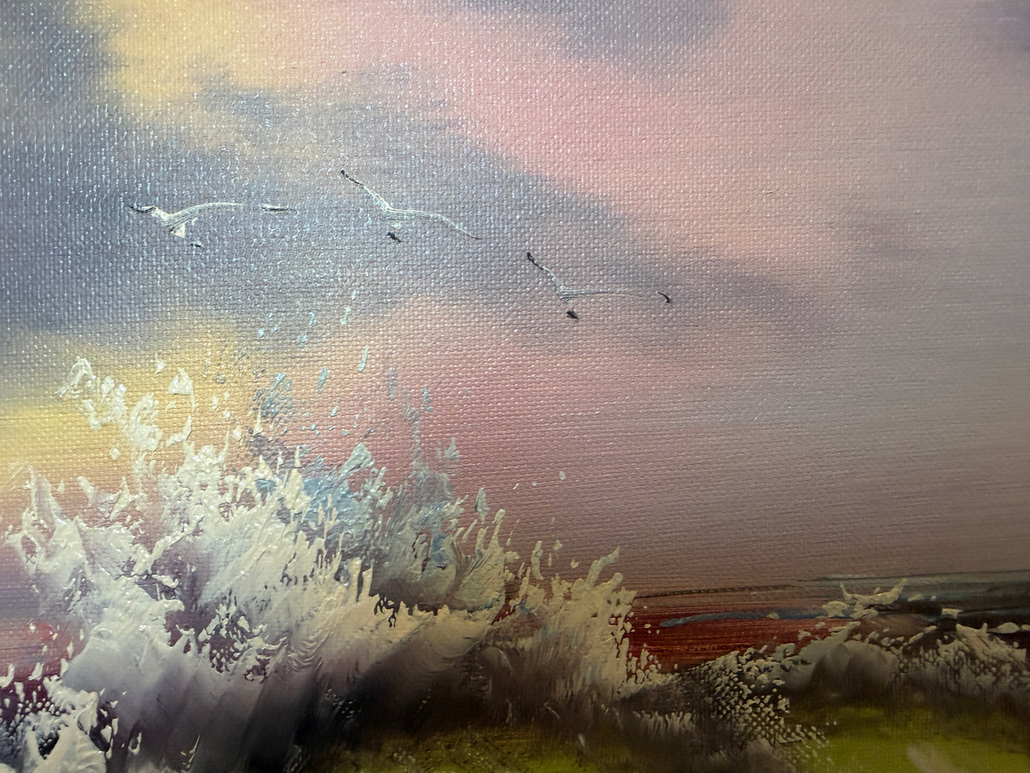 Seascape Oil Painting Signed Jian Ocean Waves Sunset, Impressionist Coastal Art
