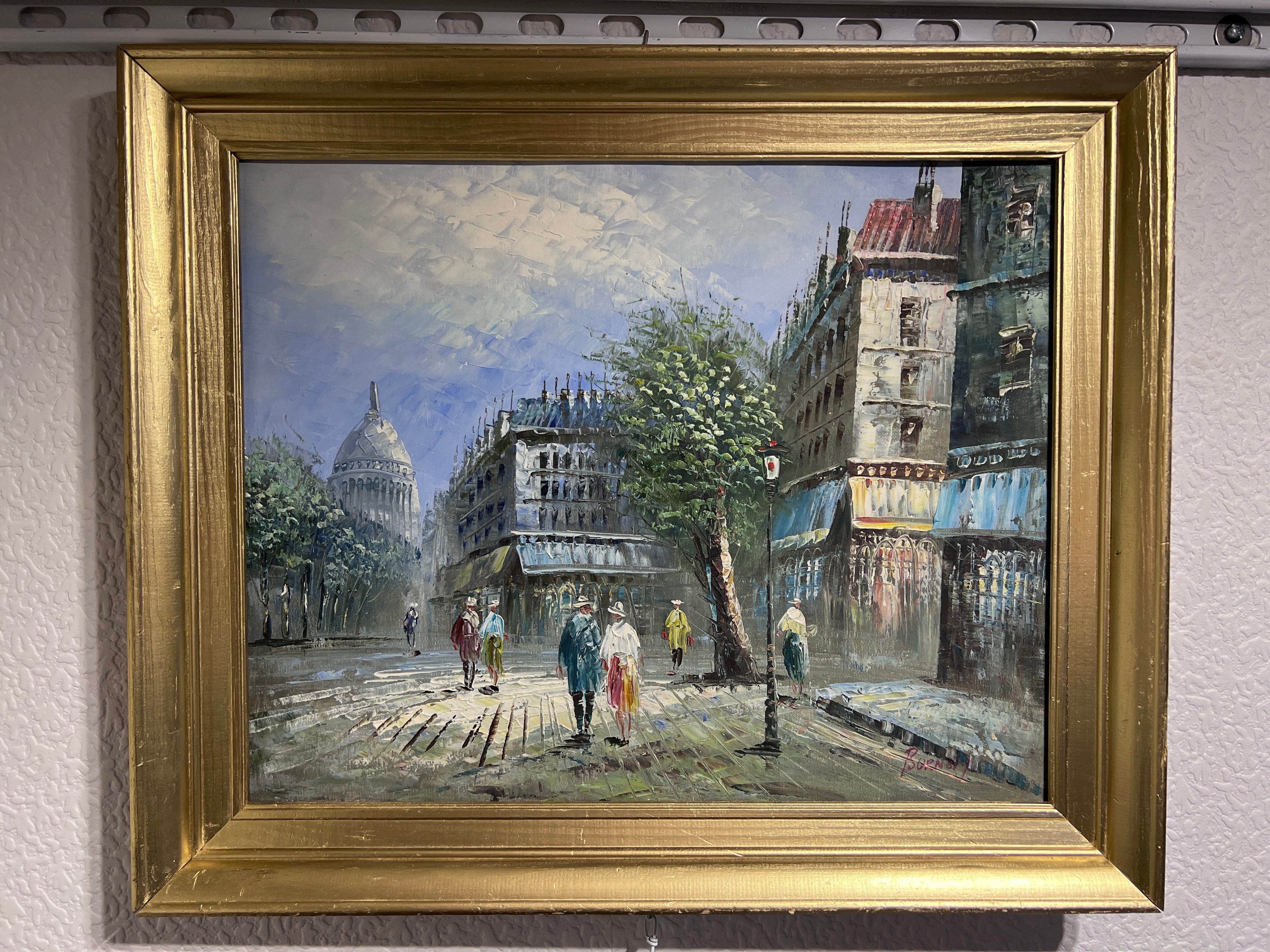 Listed Artist C.Burnett(IX-XX) oil painting on board Paris street view,  framed