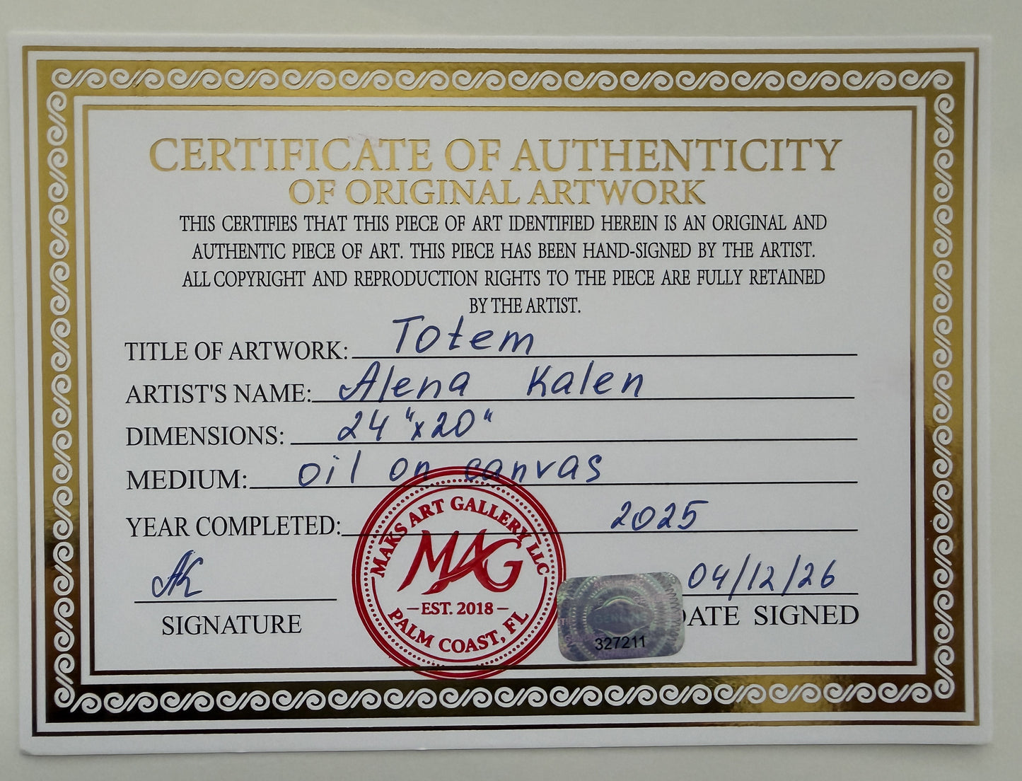 Original Abstract Textured Oil Painting by Alena Kalen "Totem" Framed, COA