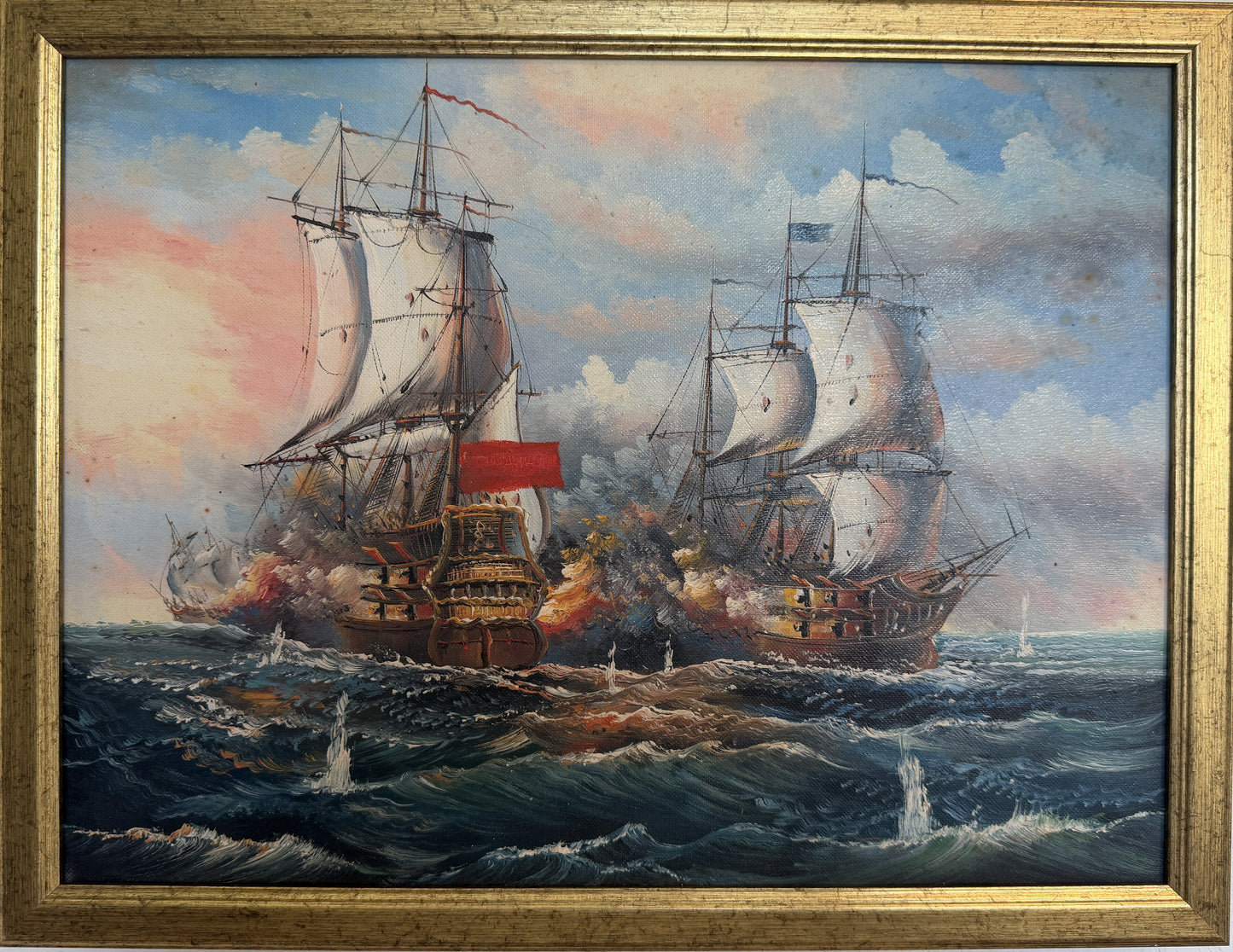 Vintage Oil Painting Naval Battle Ships Seascape Maritime Art Framed Framed