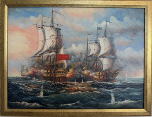Vintage Oil Painting Naval Battle Ships Seascape Maritime Art Framed Framed