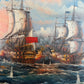 Vintage Oil Painting Naval Battle Ships Seascape Maritime Art Framed Framed