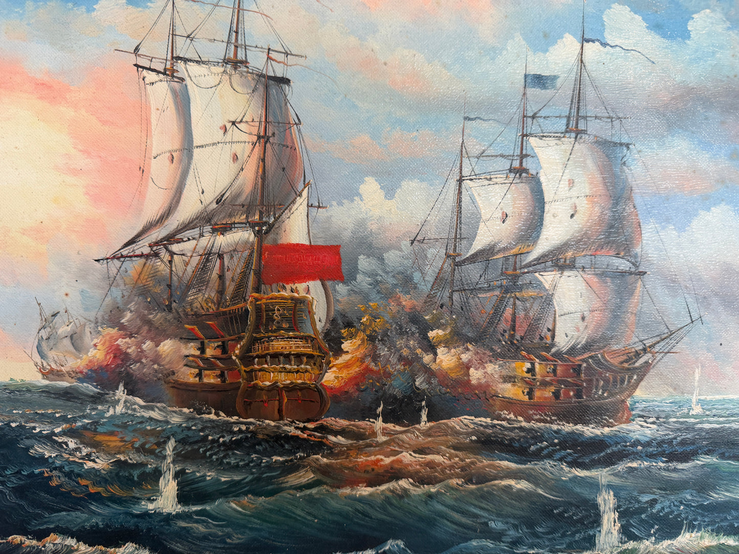 Vintage Oil Painting Naval Battle Ships Seascape Maritime Art Framed Framed