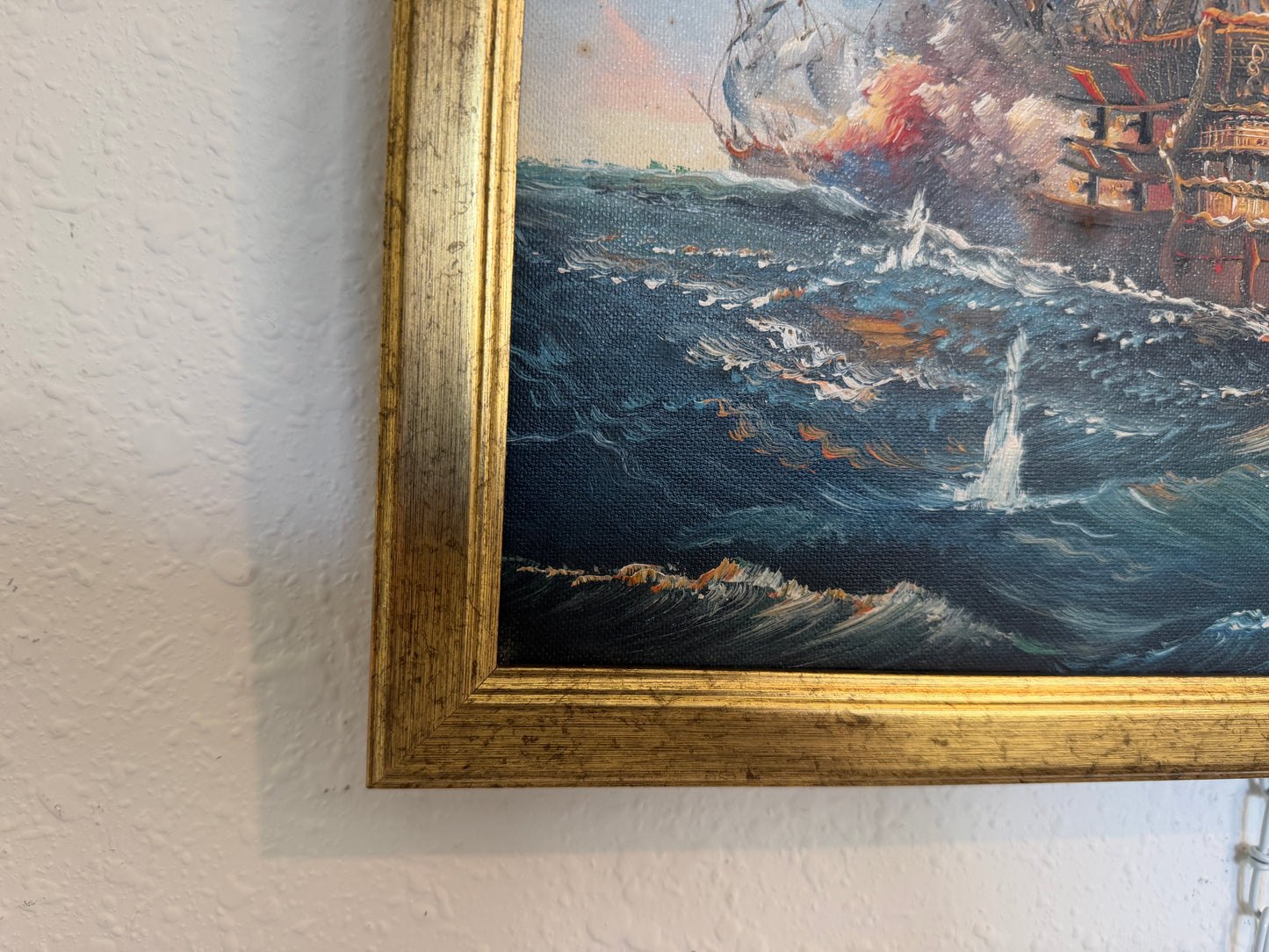 Vintage Oil Painting Naval Battle Ships Seascape Maritime Art Framed Framed