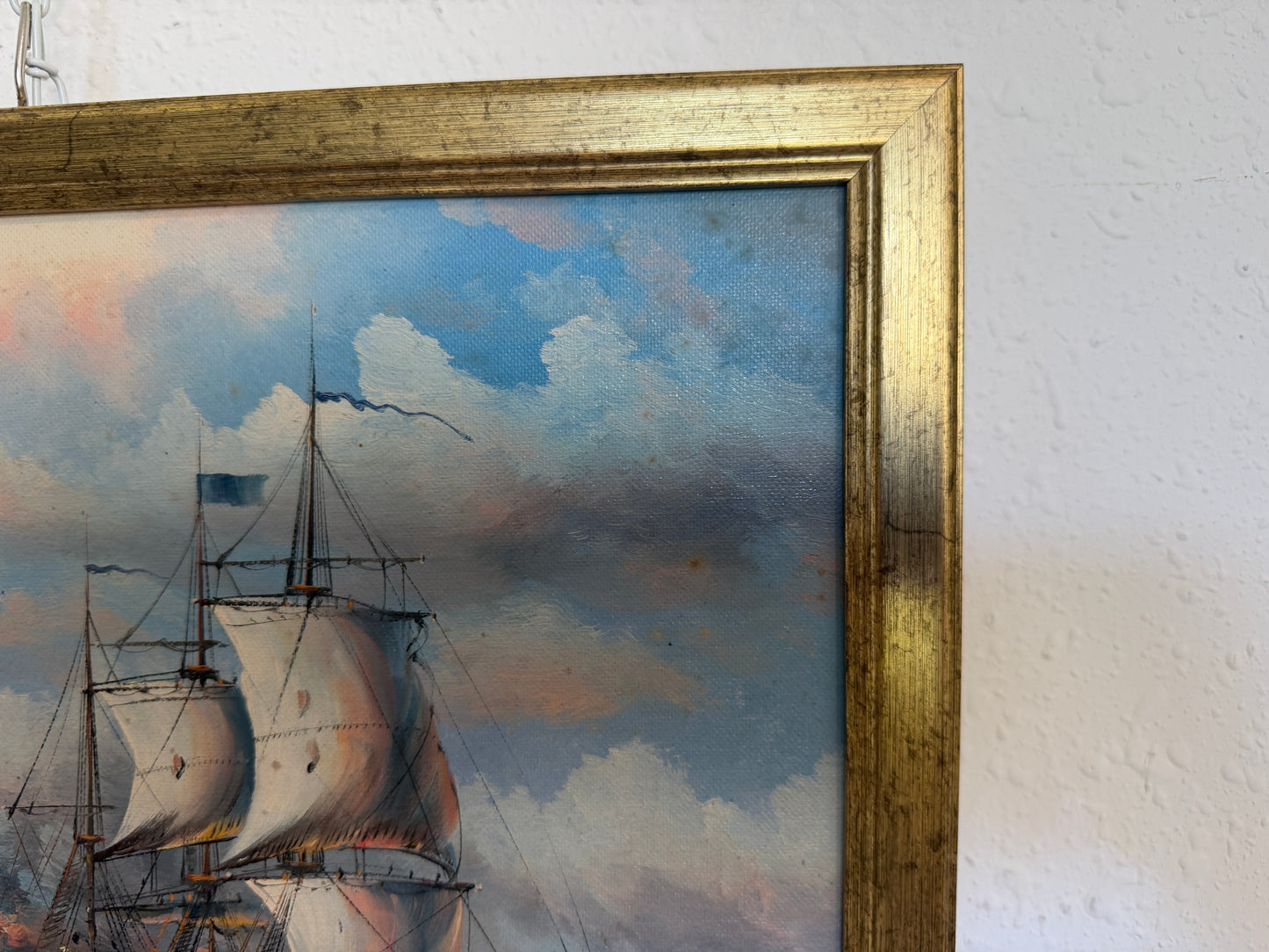 Vintage Oil Painting Naval Battle Ships Seascape Maritime Art Framed Framed