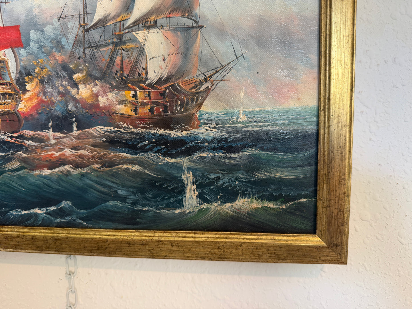Vintage Oil Painting Naval Battle Ships Seascape Maritime Art Framed Framed