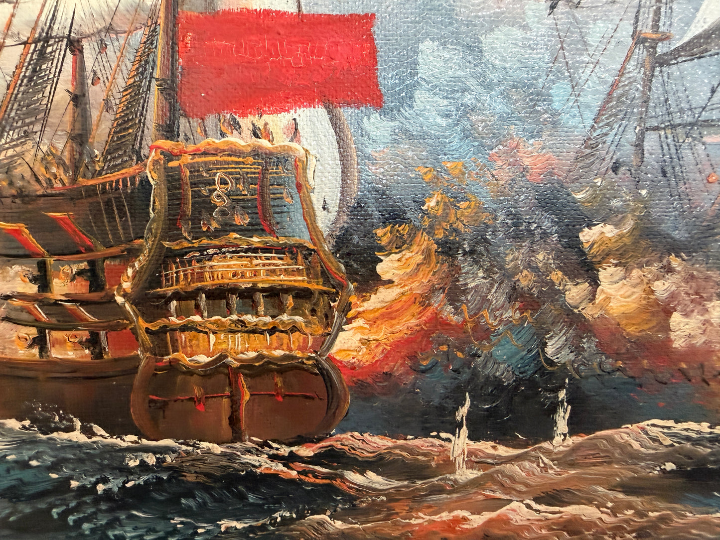 Vintage Oil Painting Naval Battle Ships Seascape Maritime Art Framed Framed