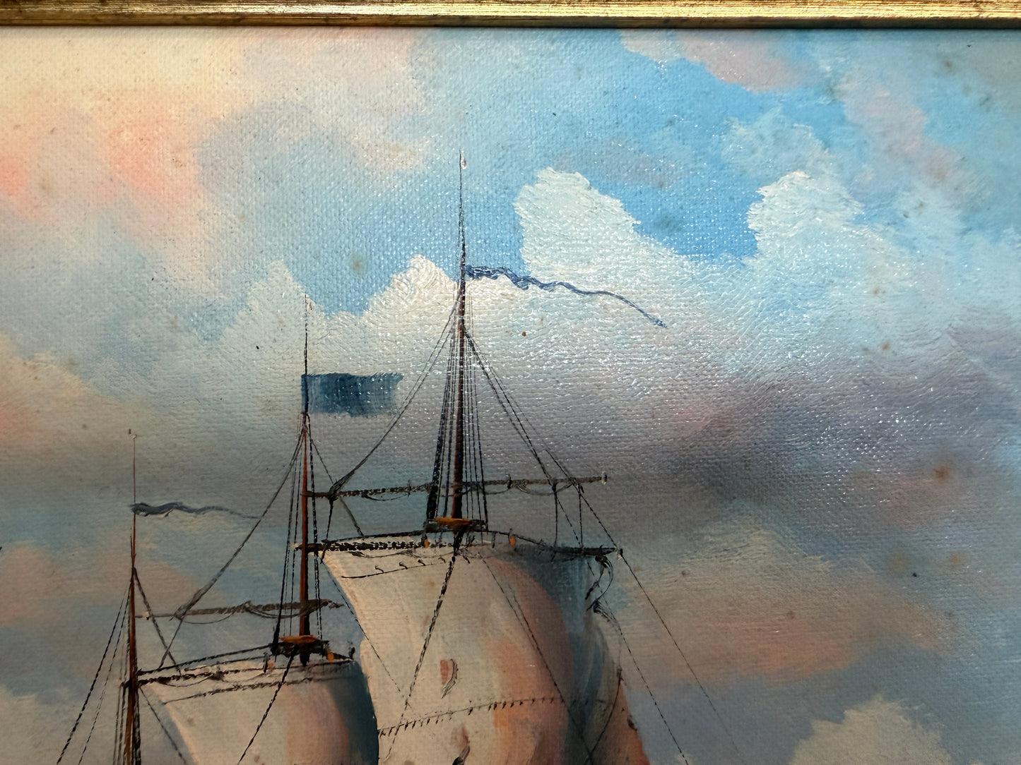 Vintage Oil Painting Naval Battle Ships Seascape Maritime Art Framed Framed