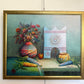 Textured Signed Oil Painting Still Life, Folk Art Pottery Corn Adobe Scene Art