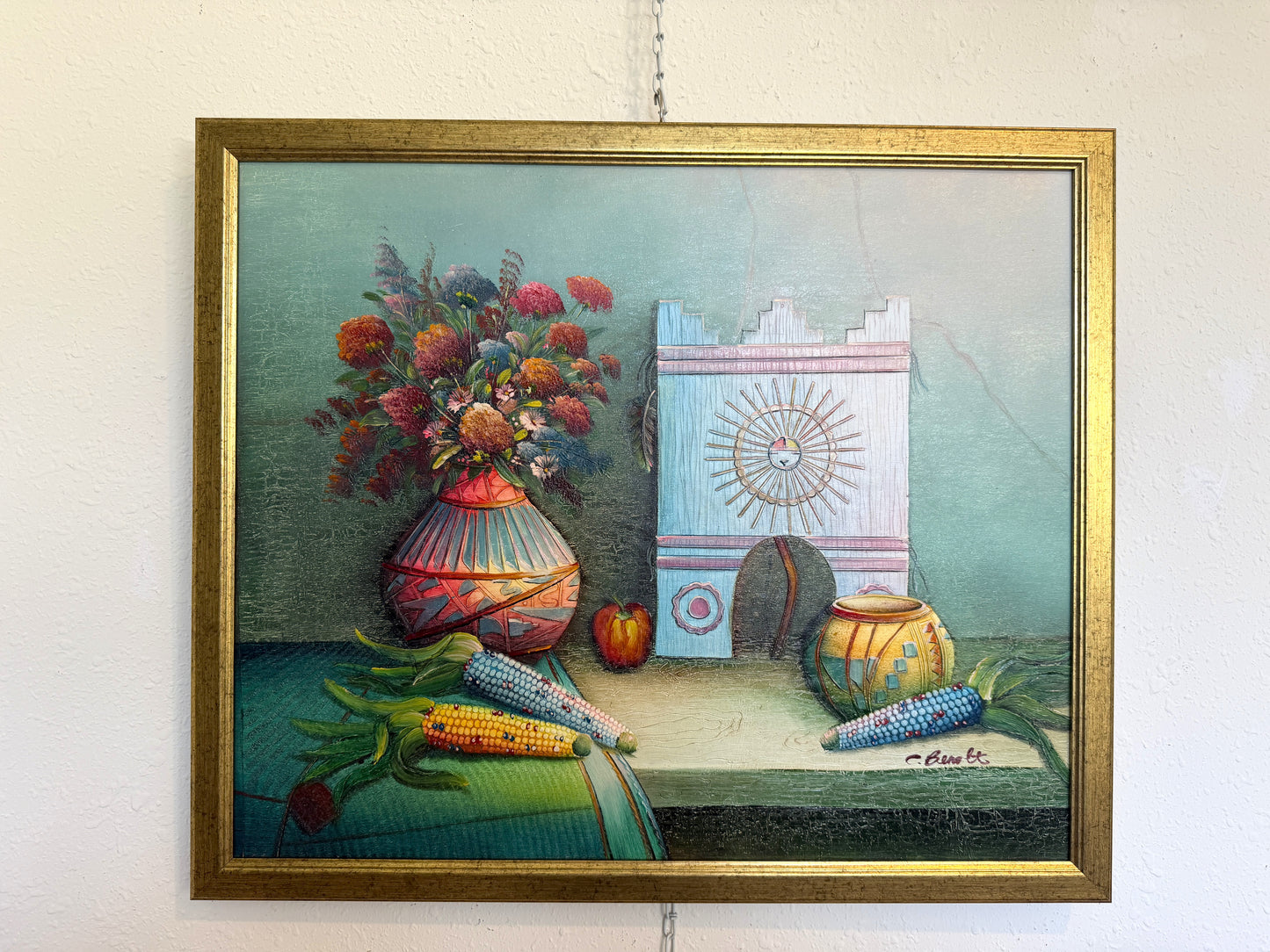 Textured Signed Oil Painting Still Life, Folk Art Pottery Corn Adobe Scene Art