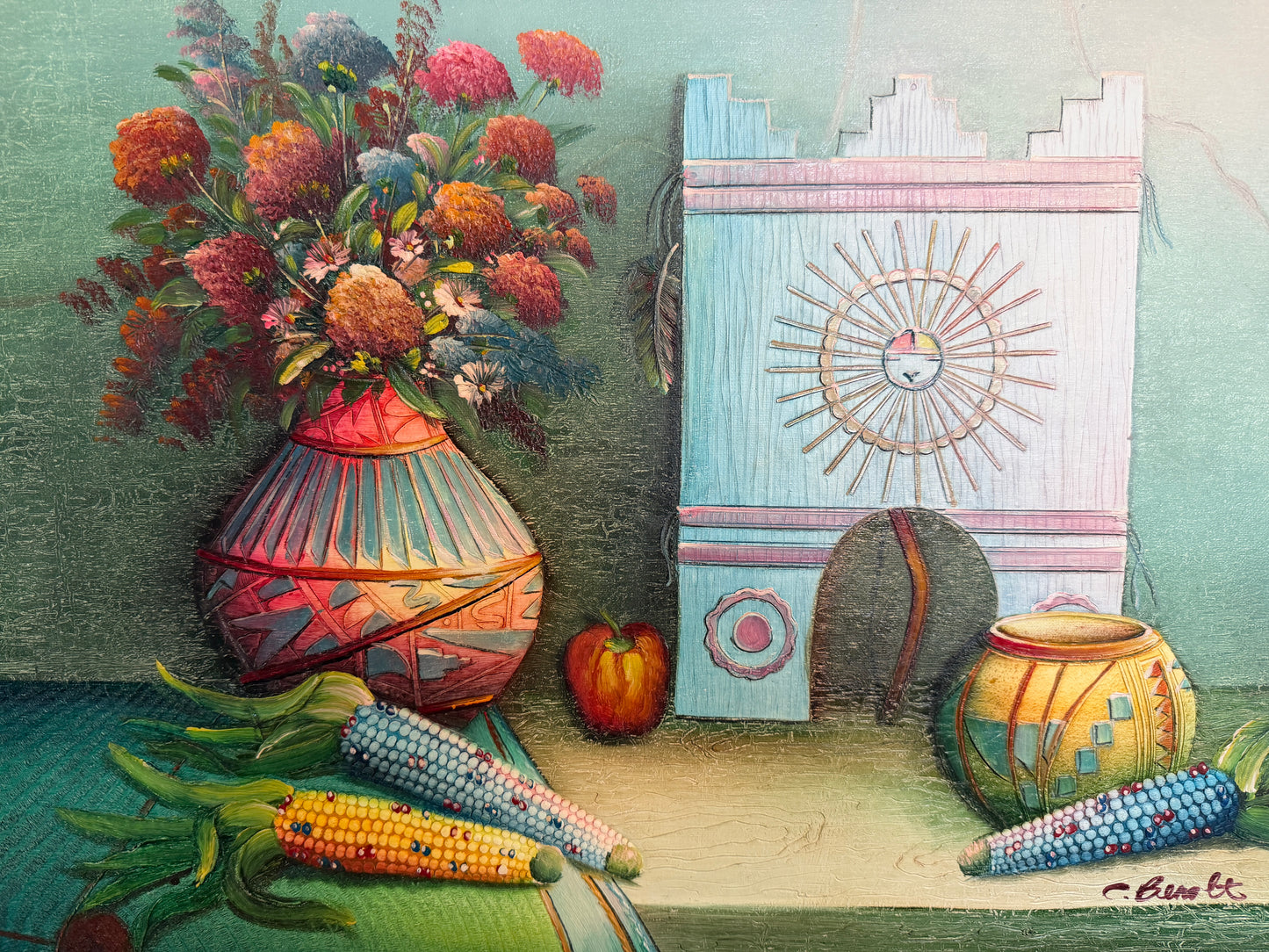 Textured Signed Oil Painting Still Life, Folk Art Pottery Corn Adobe Scene Art