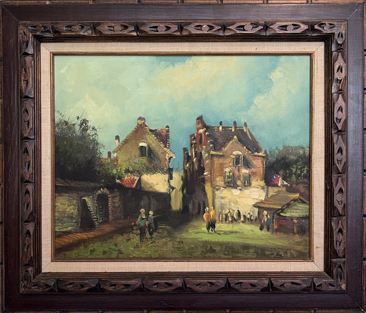 Dutch-Style Village Scene Original Oil Painting on Canvas, Signed | Framed Art