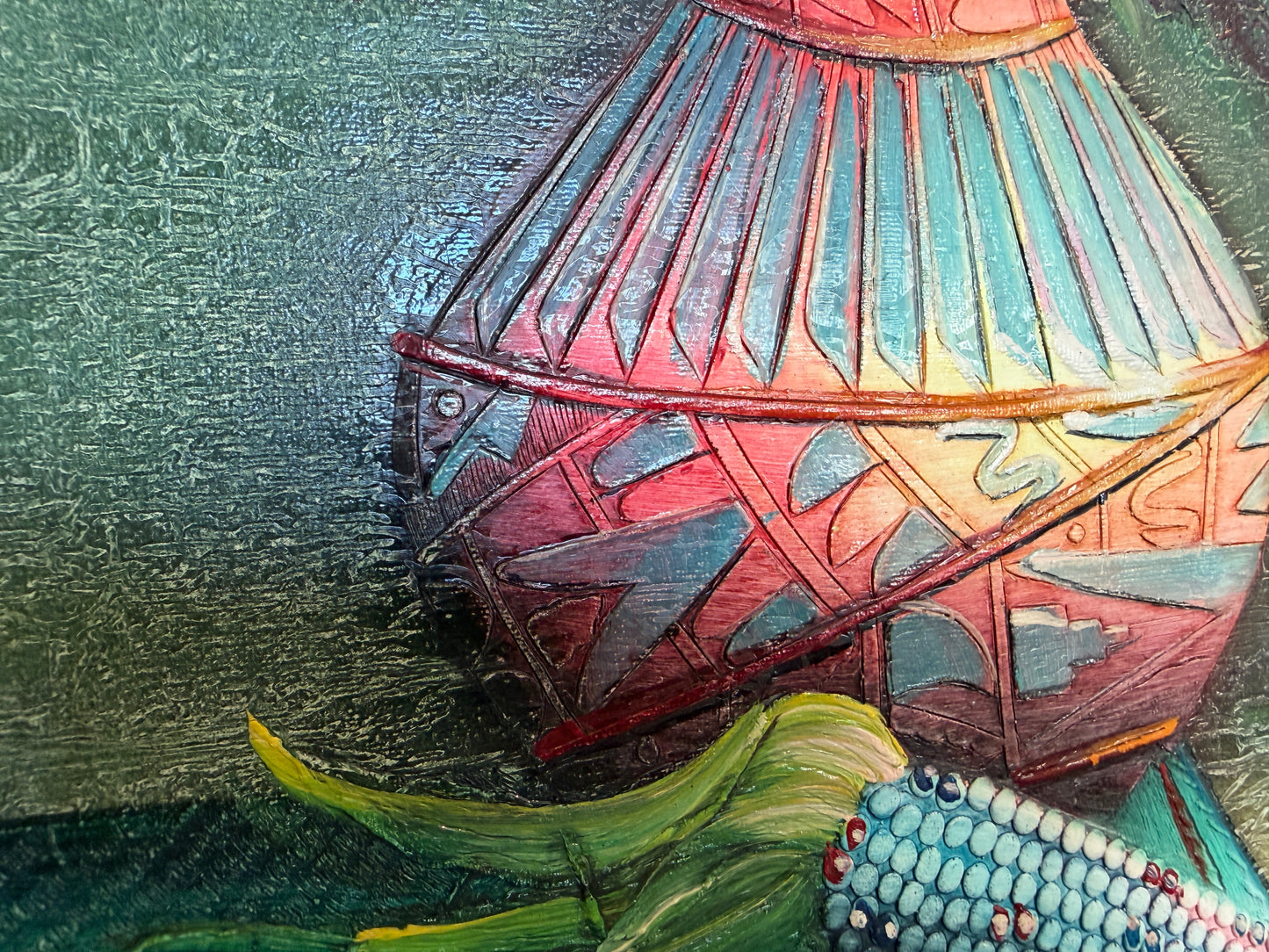 Textured Signed Oil Painting Still Life, Folk Art Pottery Corn Adobe Scene Art