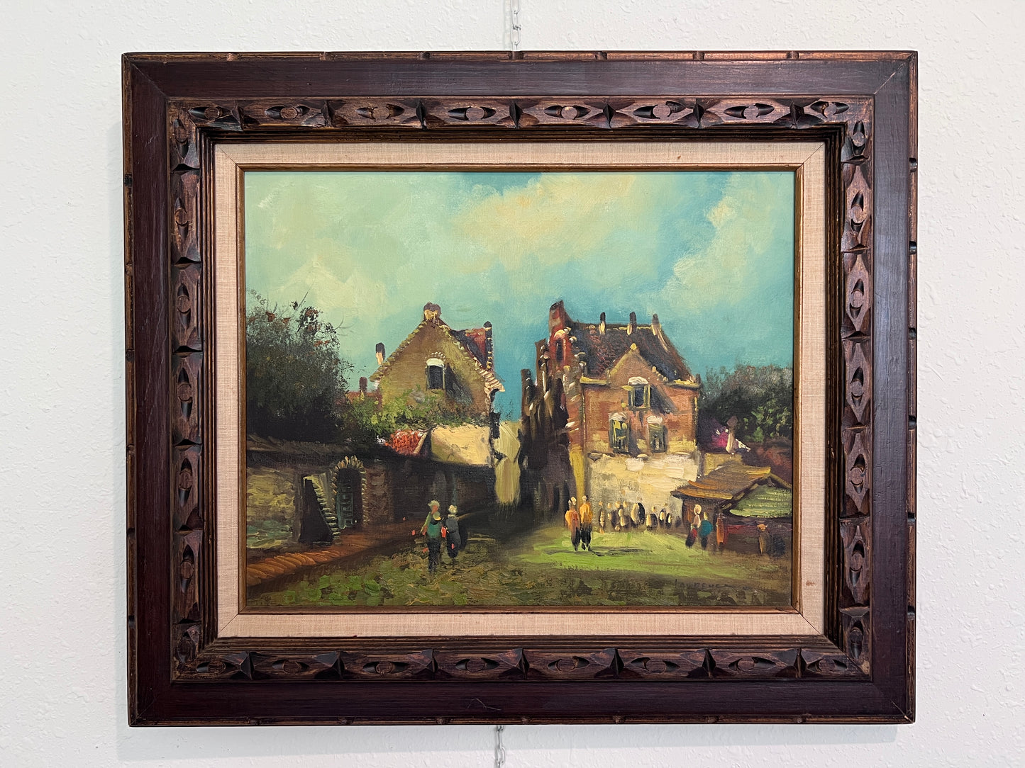 Dutch-Style Village Scene Original Oil Painting on Canvas, Signed | Framed Art