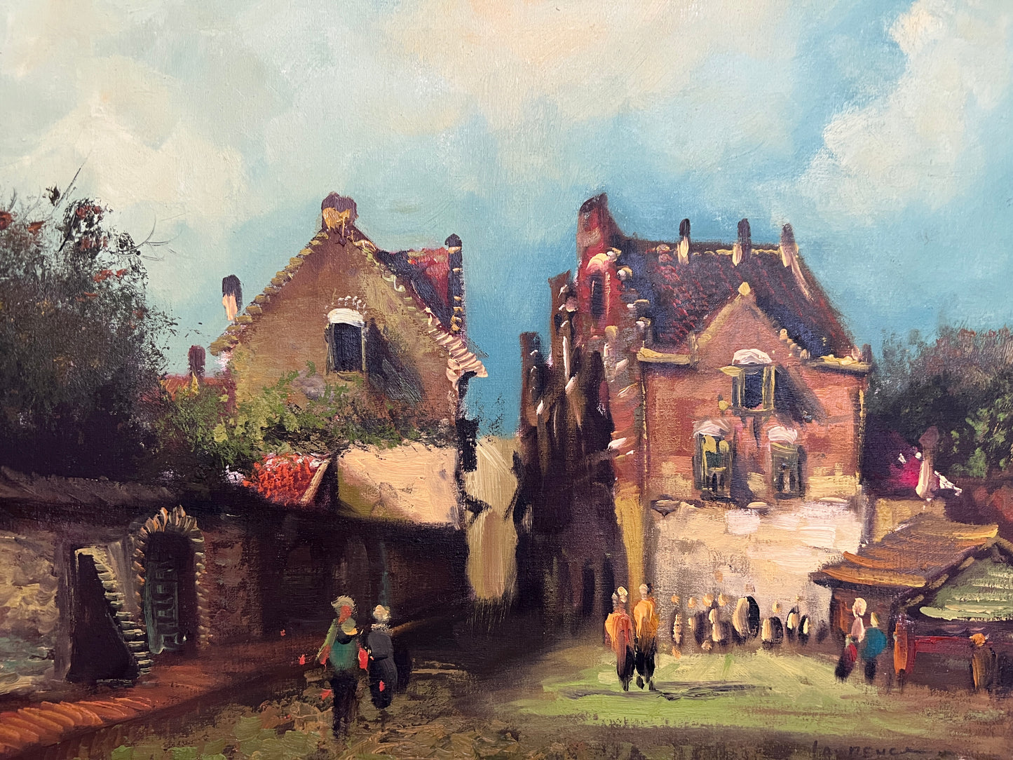 Dutch-Style Village Scene Original Oil Painting on Canvas, Signed | Framed Art