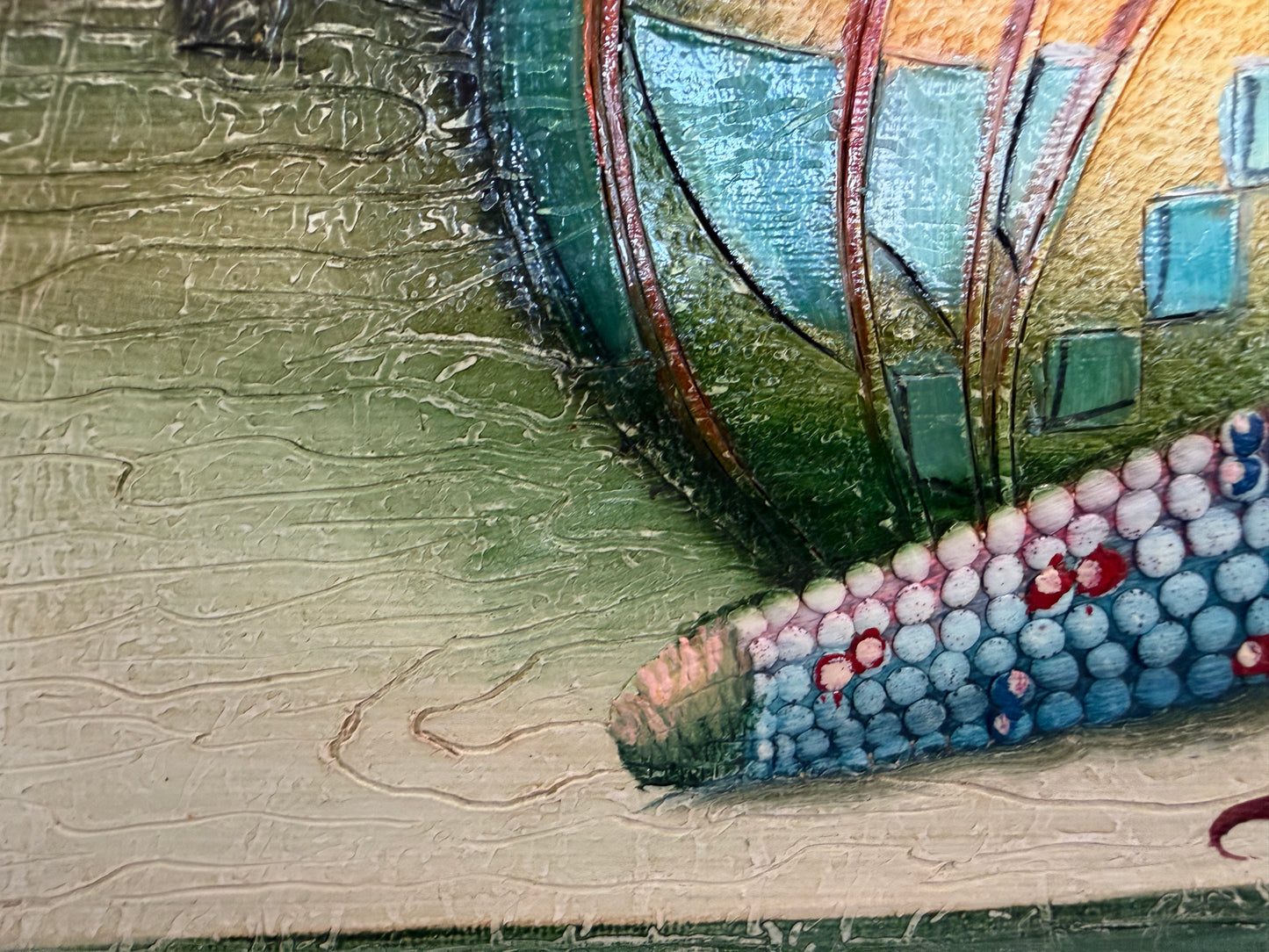 Textured Signed Oil Painting Still Life, Folk Art Pottery Corn Adobe Scene Art