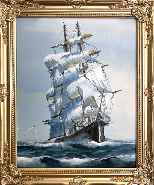 Original Oil Painting Clipper Ship at Sea Nautical Maritime Seascape Framed