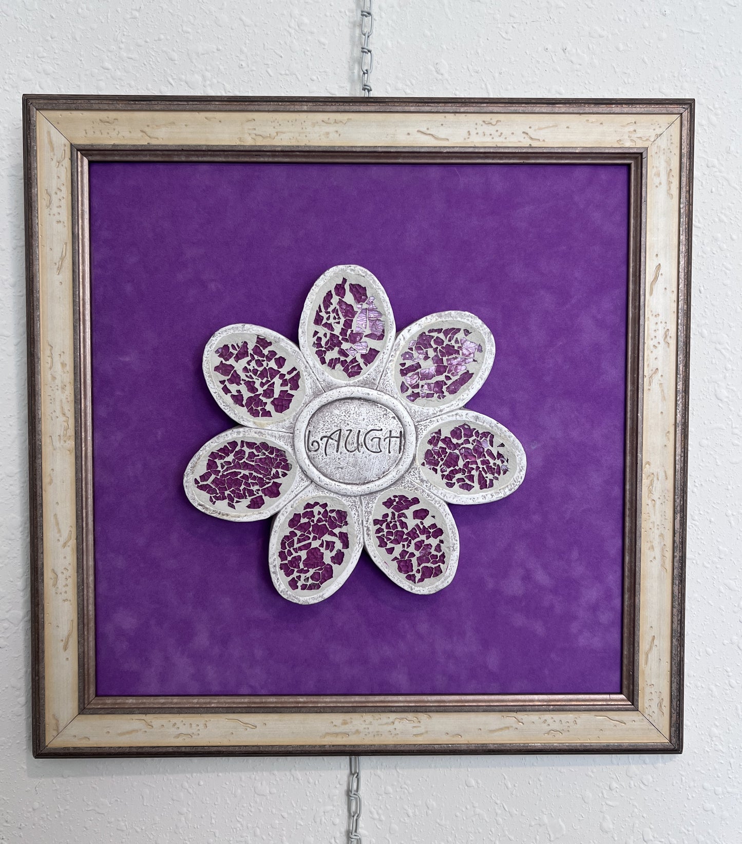 Whimsical Mosaic Flower Wall Art – “LAUGH” 3D Mixed Media on Board, Framed 19x19