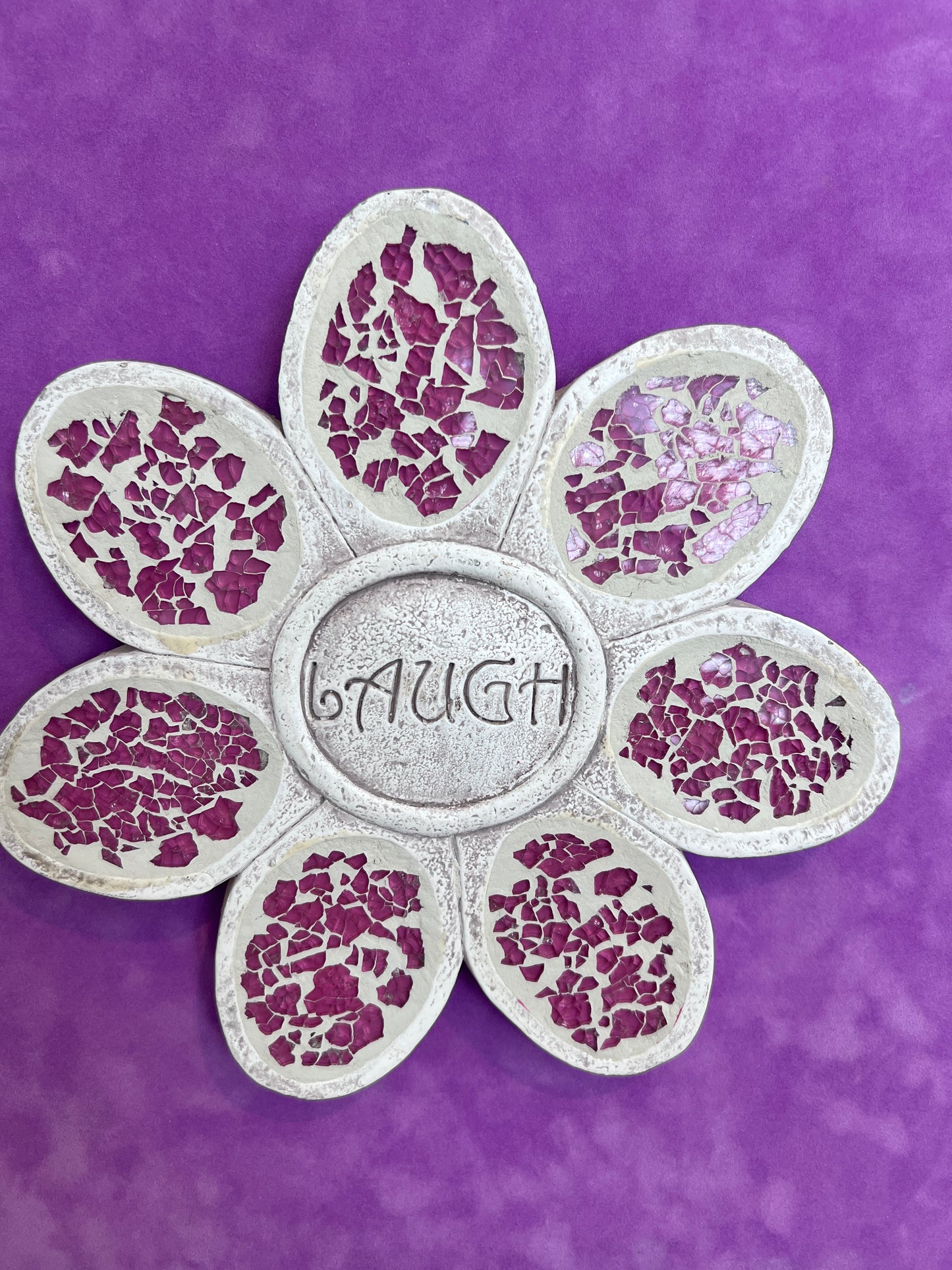 Whimsical Mosaic Flower Wall Art – “LAUGH” 3D Mixed Media on Board, Framed 19x19