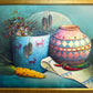 Textured Signed Oil Painting Still Life, Folk Art Pottery Corn Adobe Scene Art