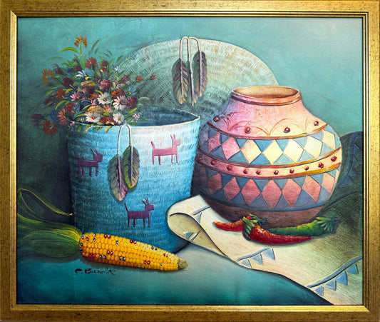 Textured Signed Oil Painting Still Life, Folk Art Pottery Corn Adobe Scene Art