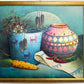 Textured Signed Oil Painting Still Life, Folk Art Pottery Corn Adobe Scene Art