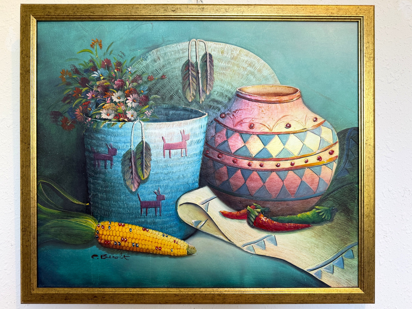 Textured Signed Oil Painting Still Life, Folk Art Pottery Corn Adobe Scene Art