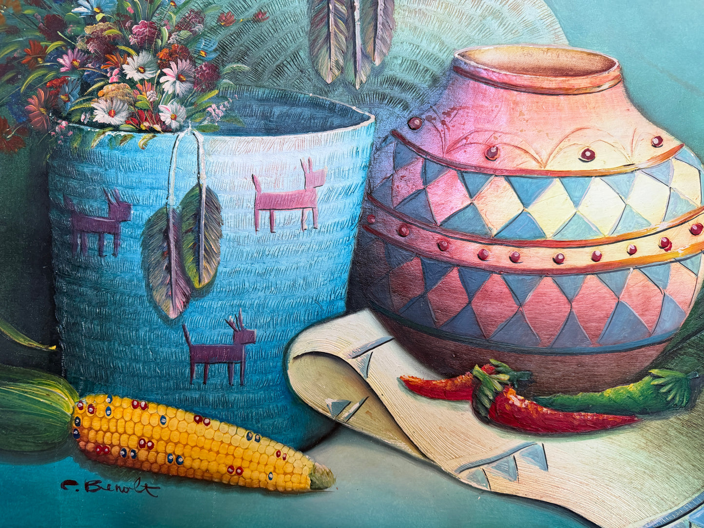 Textured Signed Oil Painting Still Life, Folk Art Pottery Corn Adobe Scene Art