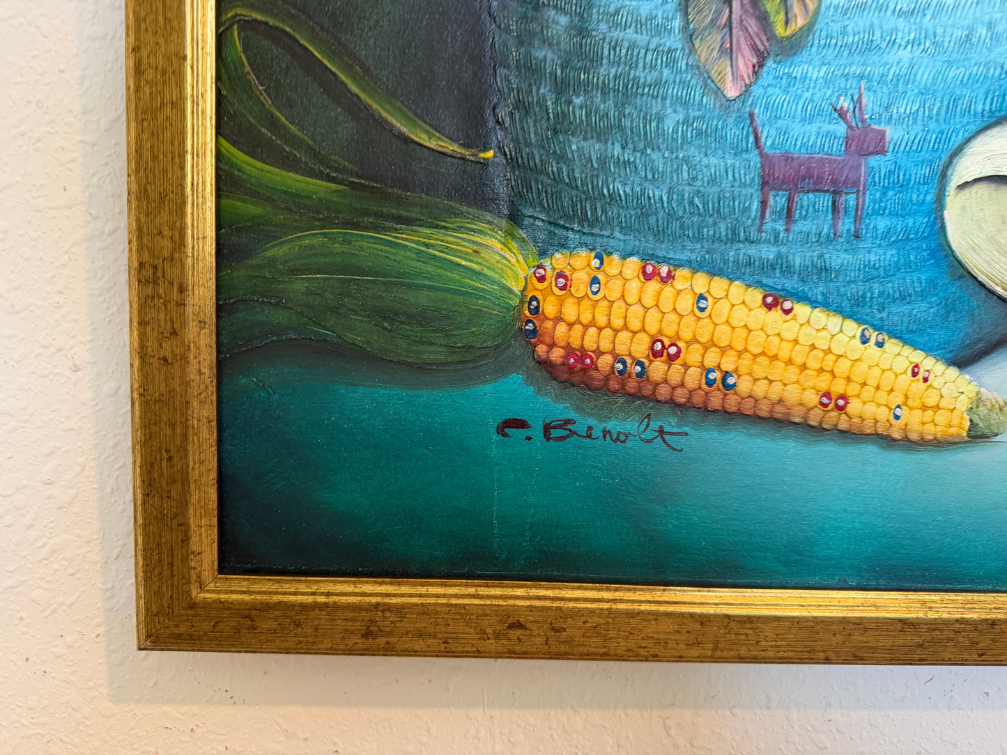 Textured Signed Oil Painting Still Life, Folk Art Pottery Corn Adobe Scene Art